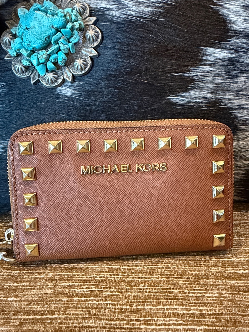 Michael Kors Brown Gold-Stud Zip Wallet